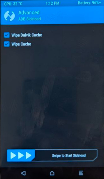 The sideload screen with the Cache deletion selected