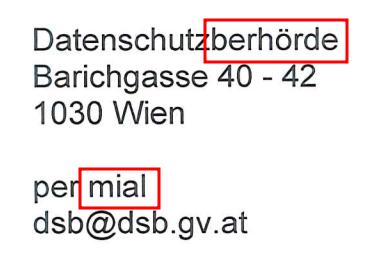 Foto des Briefs, es steht "Datenschutzberhörde" und "per mial" im Adresskopf